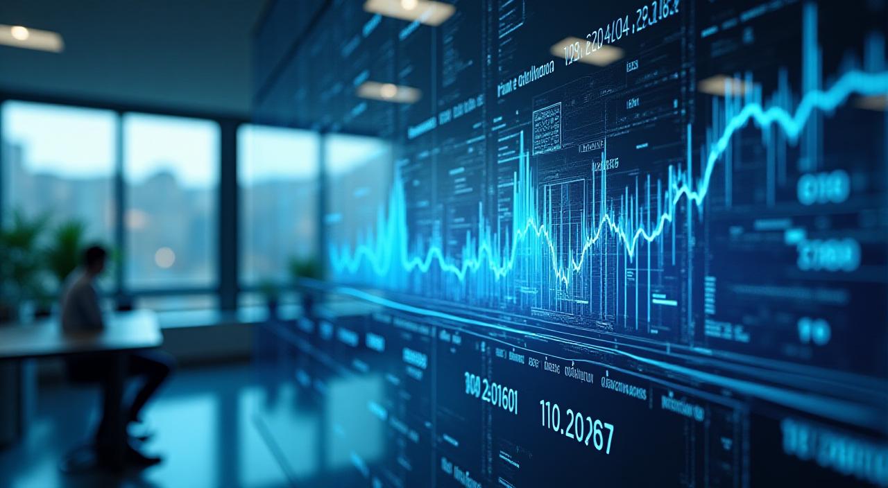 Futuristic digital workspace showing complex data visualizations and predictive trends