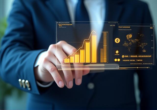 A data scientist analyzing financial growth charts on a high-tech interface